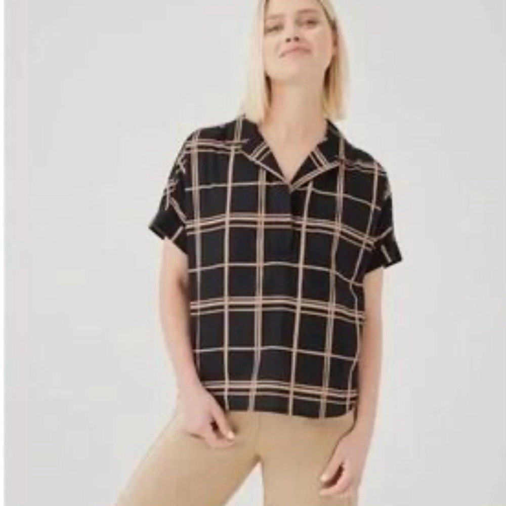 Pact 100% Organic Cotton Poet Top Blouse Oversized Windowpane Medium